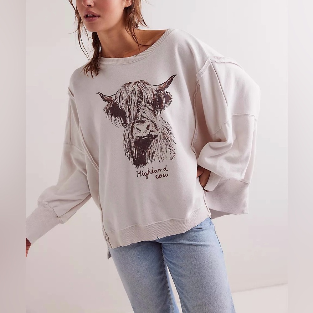 NWOT Free People We The Free Graphic Camden Pullover - highland cow combo - XS - Picture 2 of 11